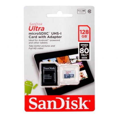 MicroSD 128GB SanDisk Class 10 Ultra UHS-I (80 Mb/s) + SD адаптер-1